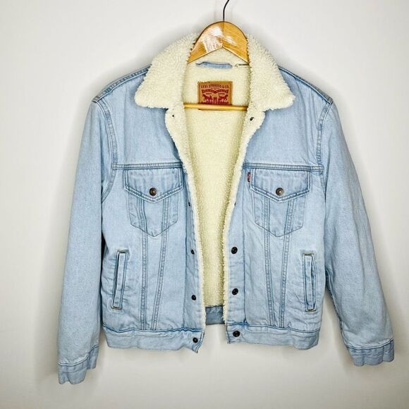Levi’s Sherpa Women's Light Blue Fleece Collared Denim Jean Jacket Size Small S - Picture 9 of 9